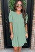 Corded Knit Crew Neck Puff Sleeve Shift Mini Dress